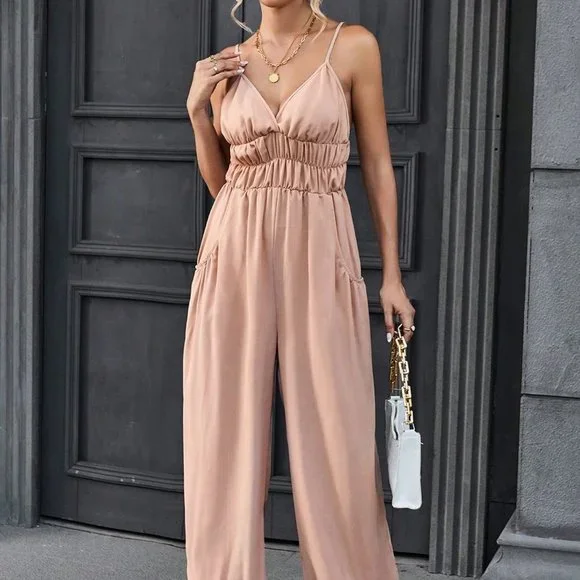 Khaki Casual Womens Solid Slant Pocket Cami Jumpsuit - Picture 4 of 5